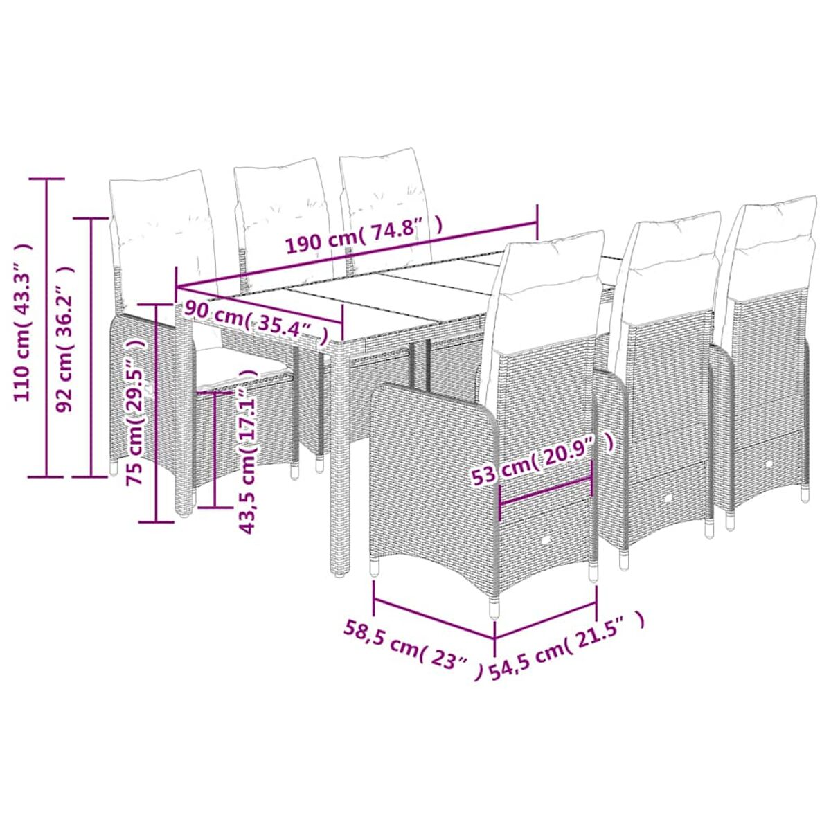 Dimensioni di un set tavolo e sedie da pranzo con misure in cm.