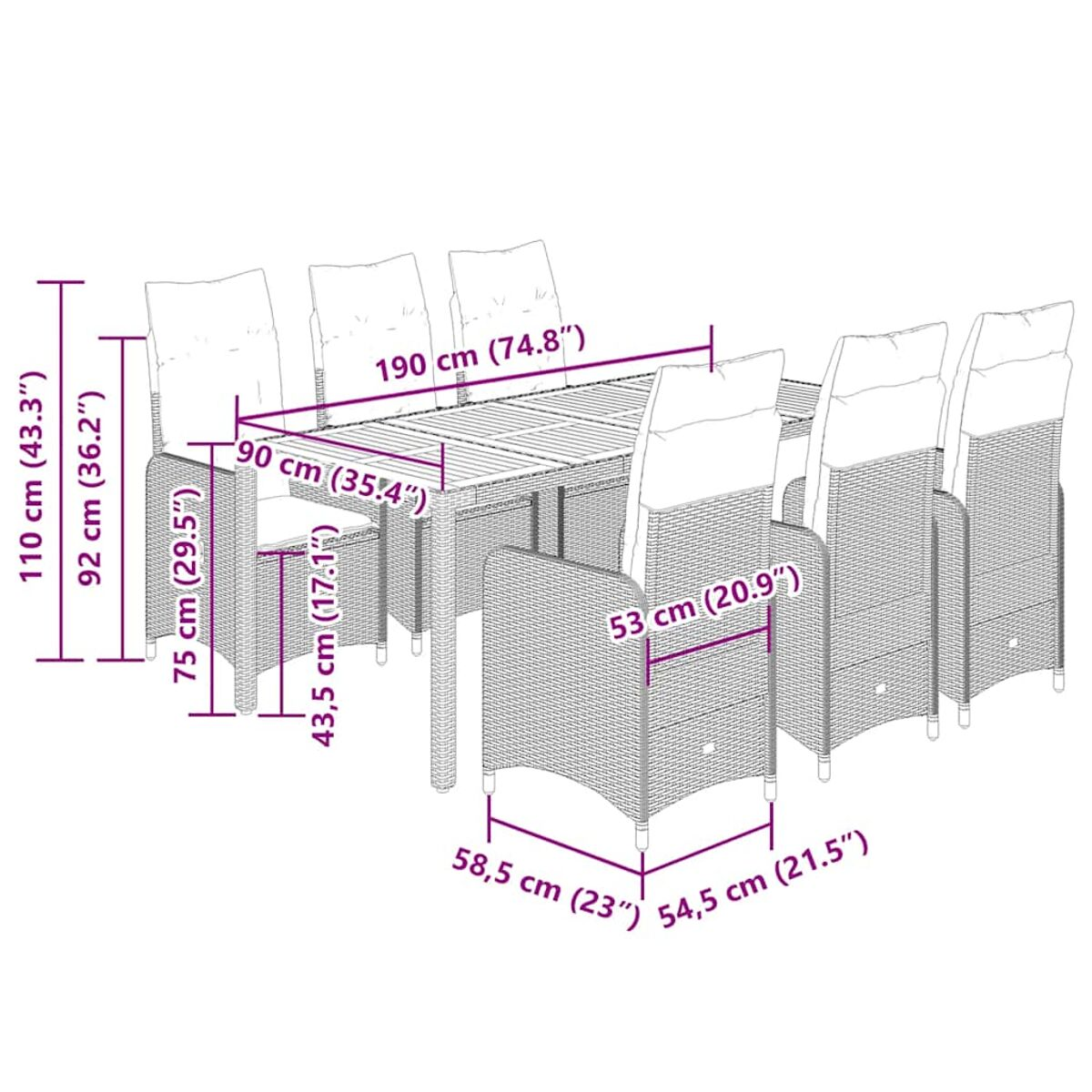 Set da pranzo per esterni con sedie e tavolo. Le sedie hanno cuscini bianchi. Dimensioni indicate.
