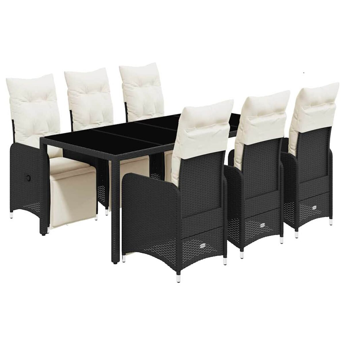 Un set da pranzo da esterno in rattan nero. Include un tavolo e sedie con cuscini bianchi.
