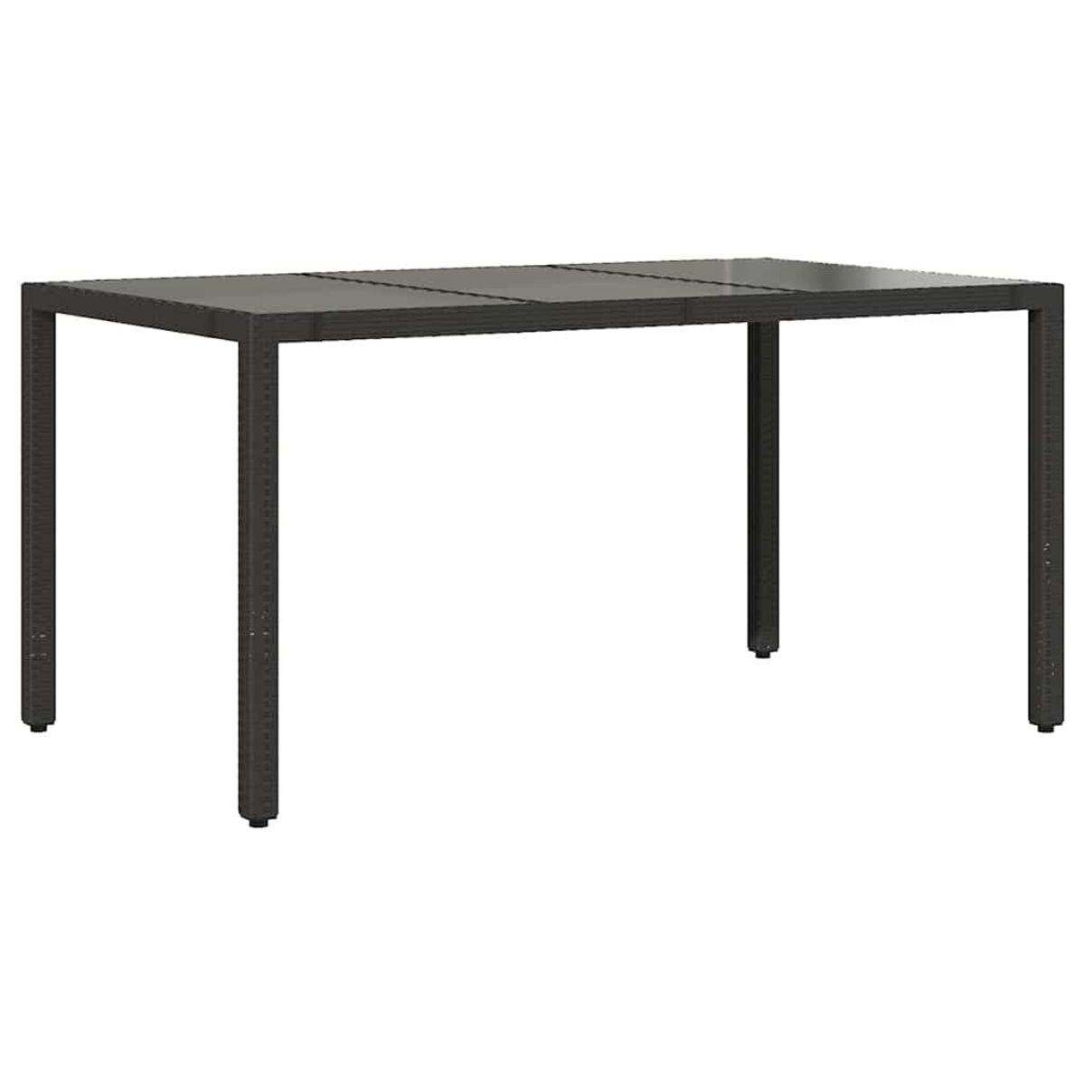 Tavolo rettangolare marrone scuro per esterni con superficie scura e quattro gambe. Sfondo bianco.