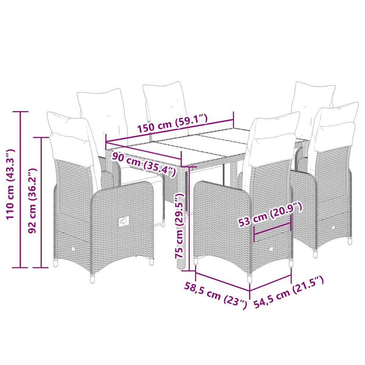 Set da pranzo per esterni con dimensioni. Tavolo e sei sedie con cuscini bianchi.