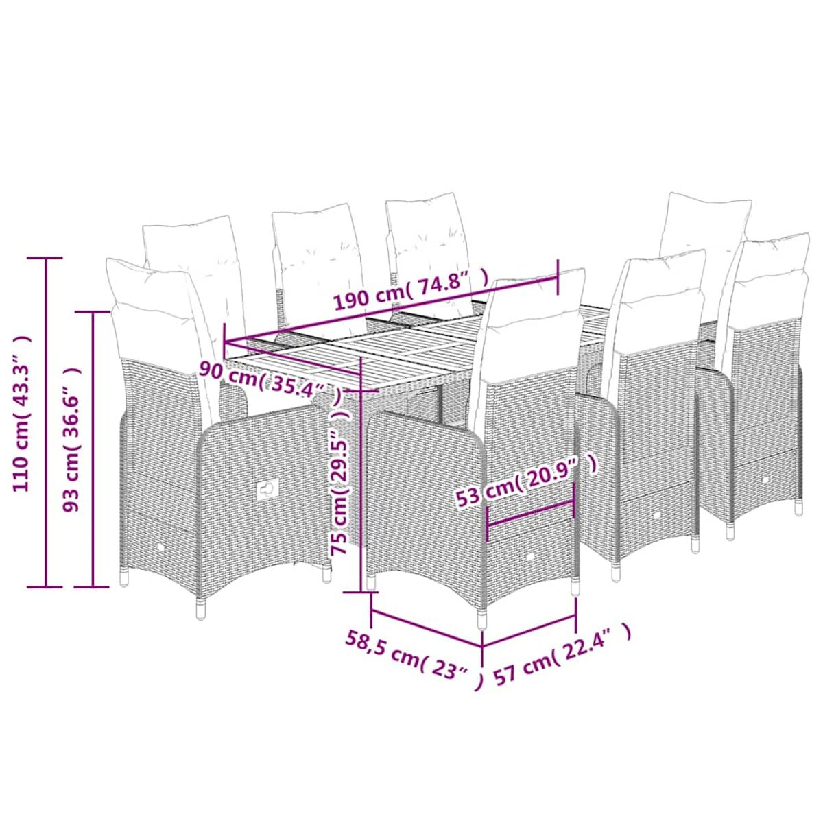 Diagramma di un set da pranzo in vimini con dimensioni. Tavolo con sedie intorno.