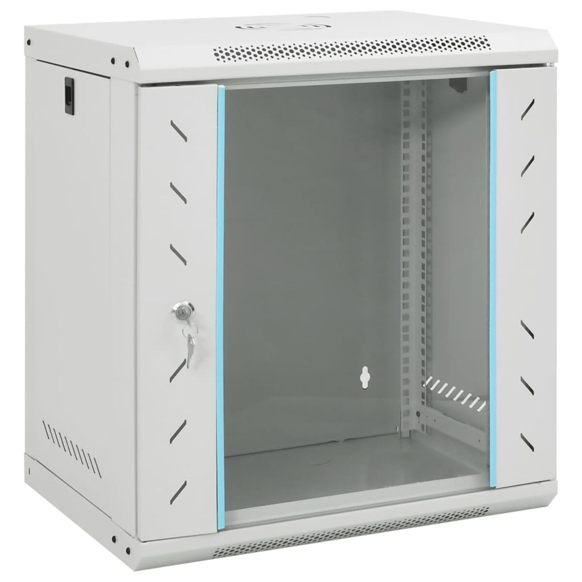 Ein Metallschrank mit Glastür, Schlüsselschloss und Lüftungslöchern.