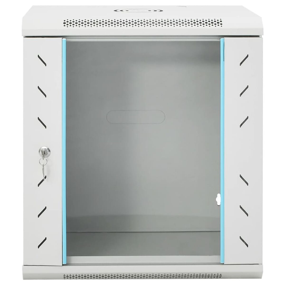 Ein weißer, leerer Server-Rack-Schrank mit Schlüsselschloss und Schiebetür.