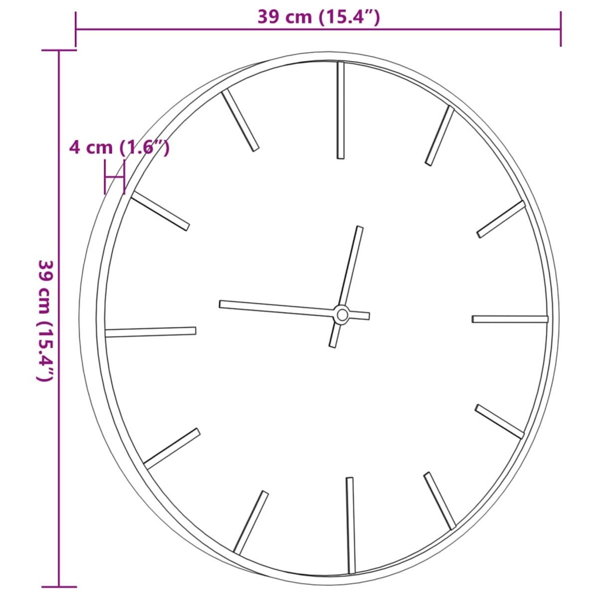 Eine Uhr mit Außenring und Linien, mit Maßangaben.