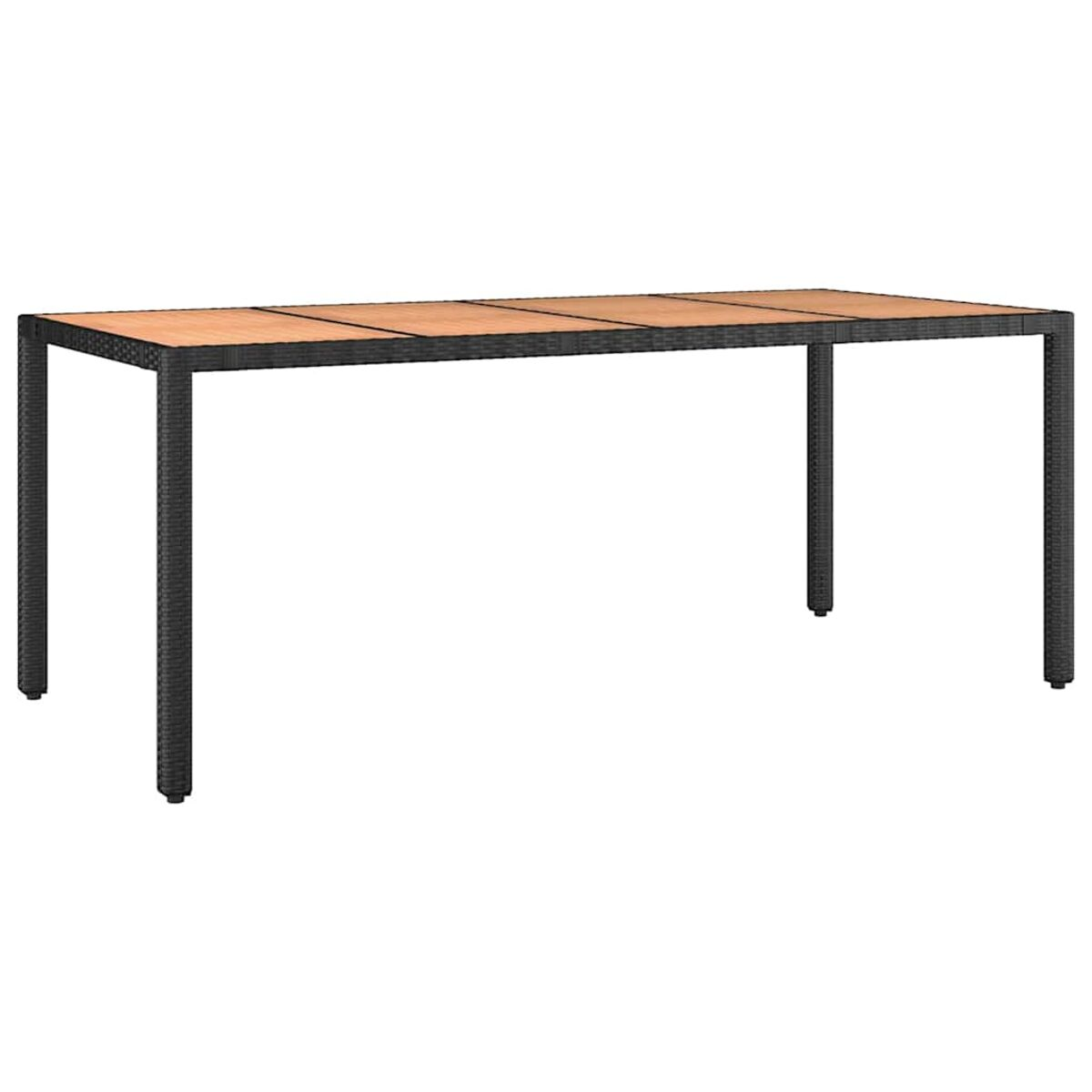 Tavolo da esterno con piano in legno e gambe nere. Il design è semplice e moderno.