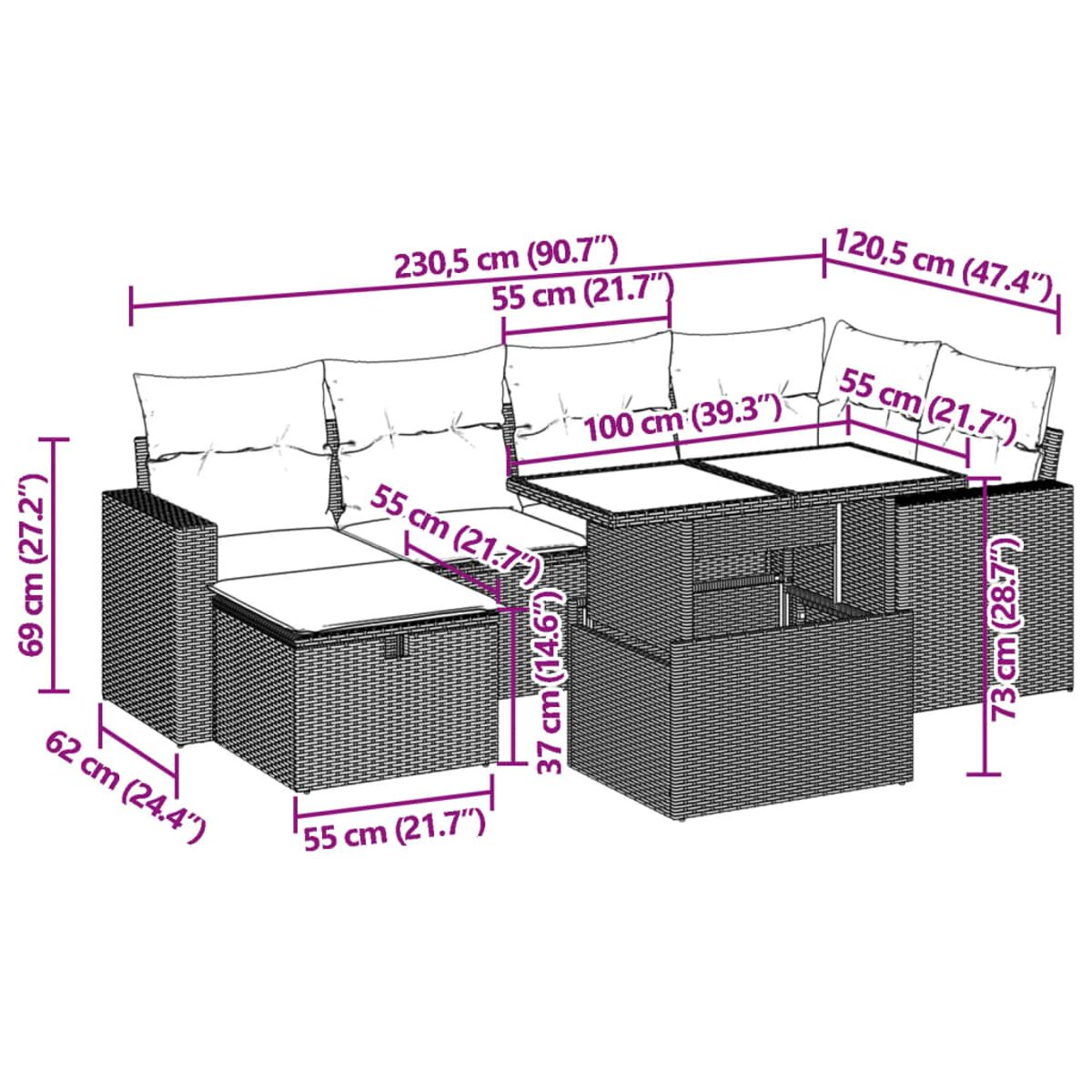 Gartenmöbel-Set aus Korbgeflecht: Sofa, Tisch und Beistelltisch mit Maßen.