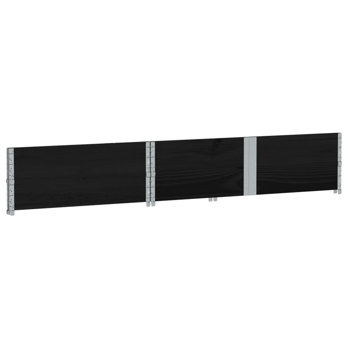 Recinzione in legno nero, design orizzontale, tre pannelli, con connettori argentati.
