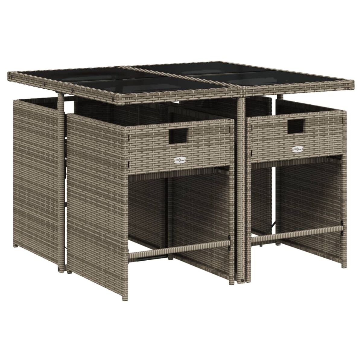 Outdoor-Bar-Set mit Glasplatte und vier Hockern. Korbgeflecht-Material.