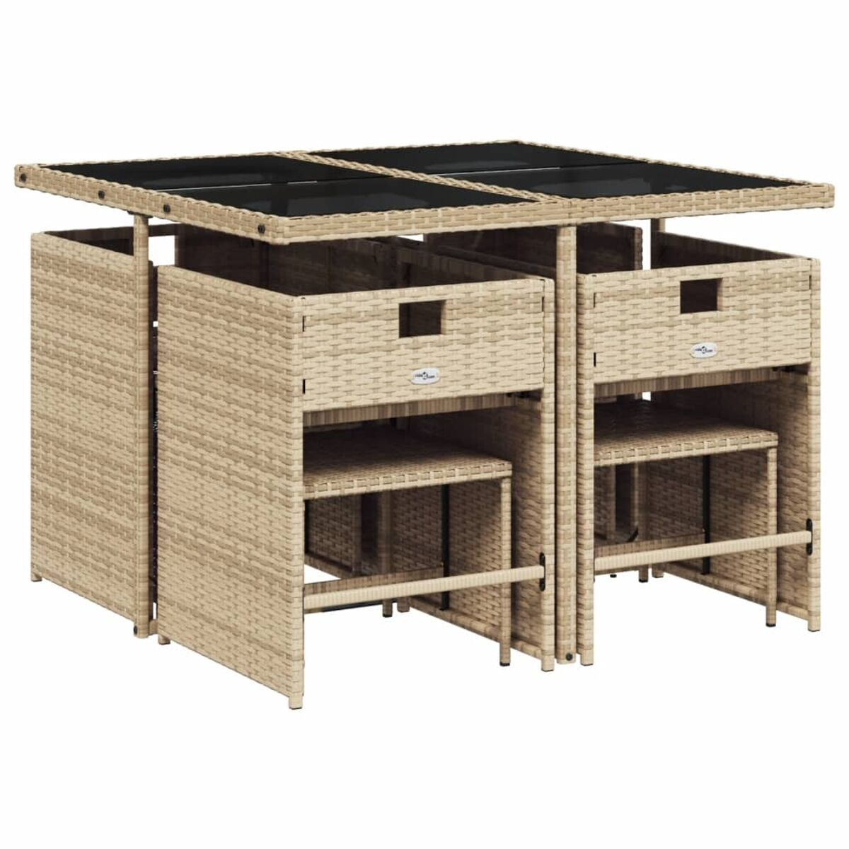 Outdoor-Essgruppe mit rechteckigem Tisch und sechs Stühlen mit Maßen.
