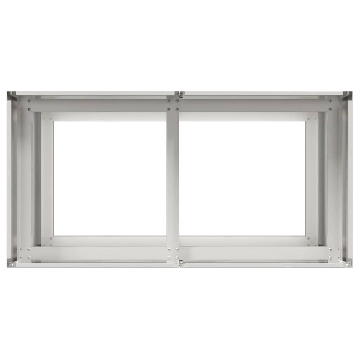 Cornice rettangolare argentata con due aperture trasparenti. I fissaggi sono visibili agli angoli.