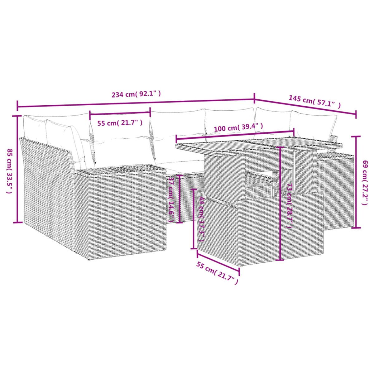 Ein Outdoor-Möbel-Set aus Korbgeflecht in hellbrauner Farbe, mit Tisch und Sofa, mit Maßen.