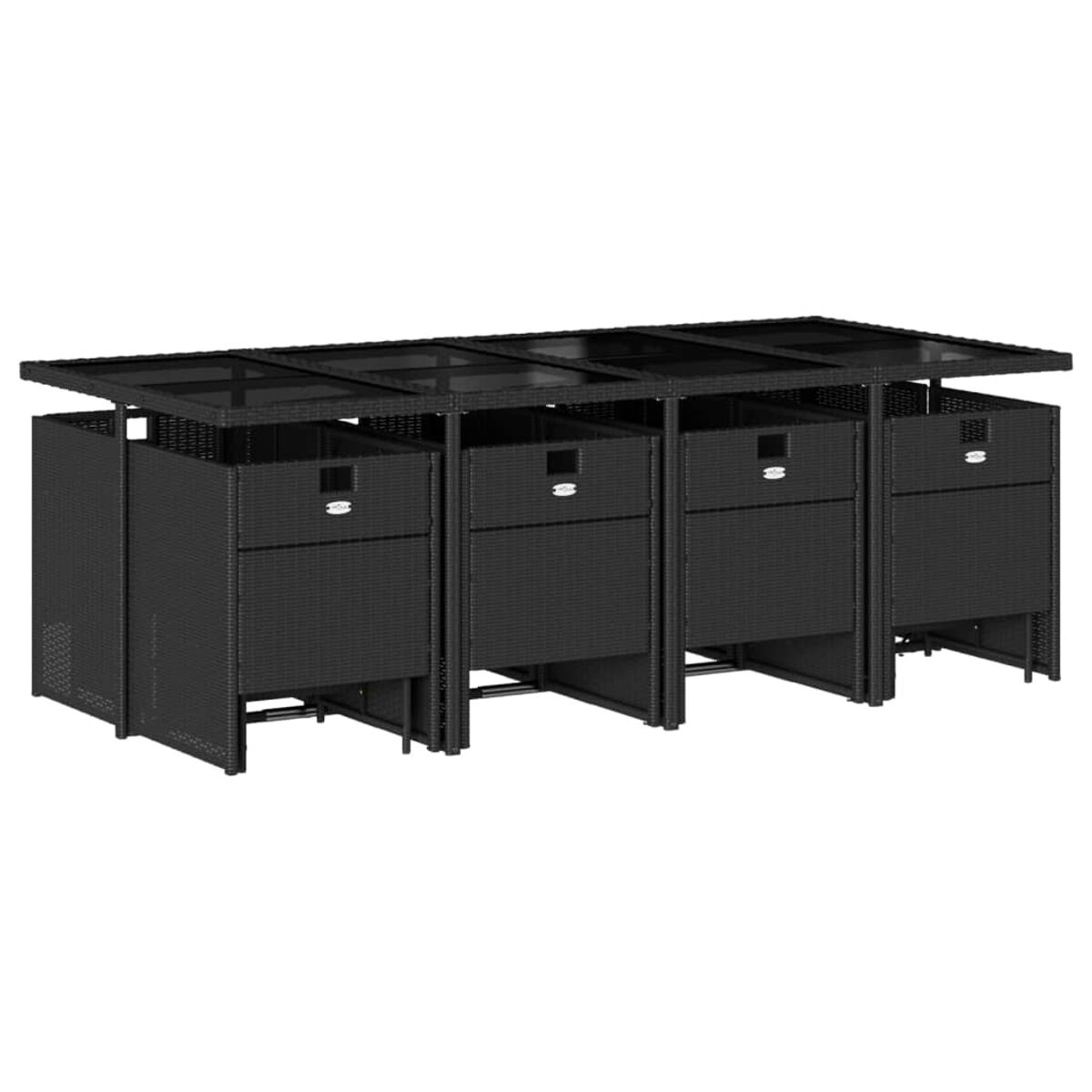 Schwarzes Korbtisch-Set mit vier Schubladen. Das Set ist rechteckig.