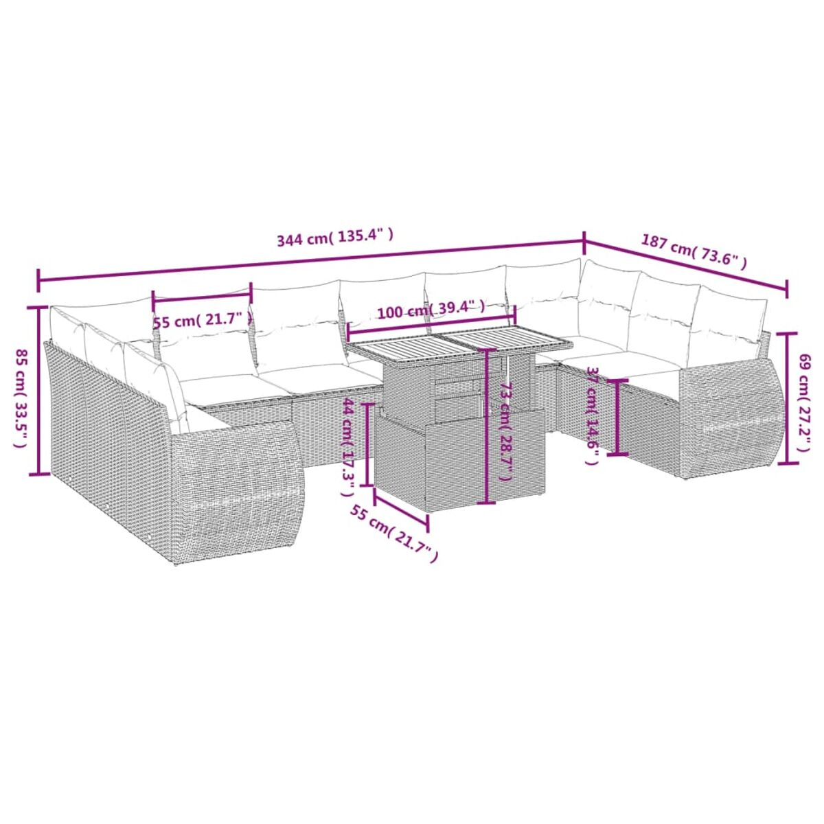 Rattan-Outdoor-Sofagarnitur mit Kissen und Tisch. Abmessungen und Maße sind angegeben.