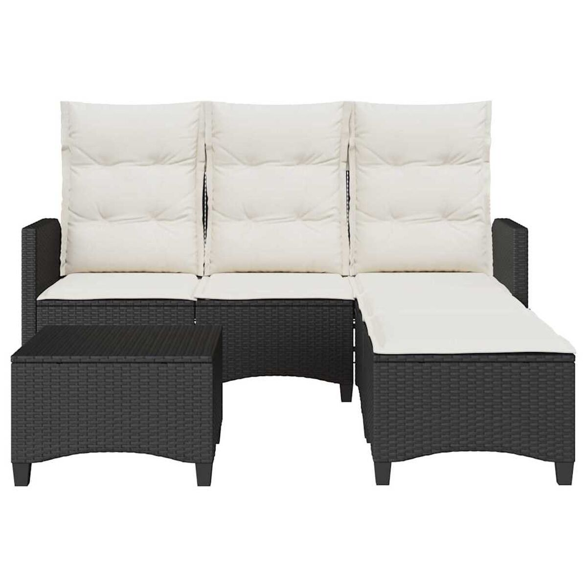Divano componibile in vimini nero con cuscini bianchi e pouf coordinato.