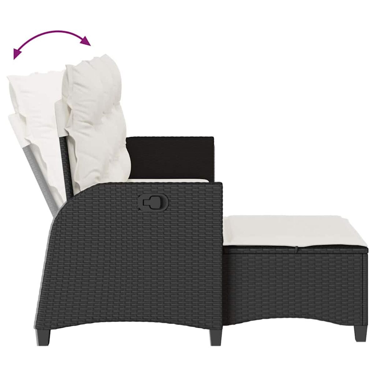 Sedia in rattan nero con schienale reclinabile e cuscino bianco.