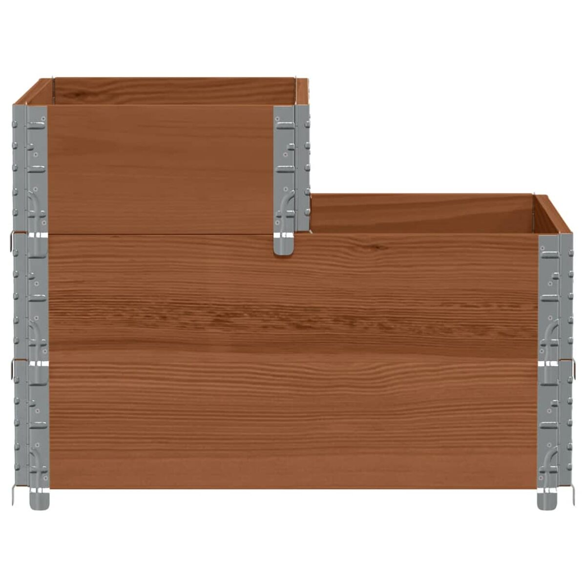 Aiuola rialzata in legno con staffe metalliche. Legno marrone, angoli metallici.
