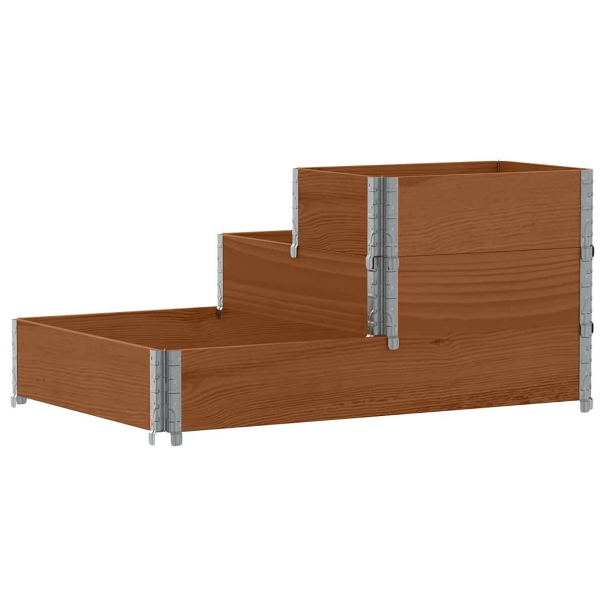 Una fioriera in legno a tre livelli. Texture legno marrone con staffe metalliche.