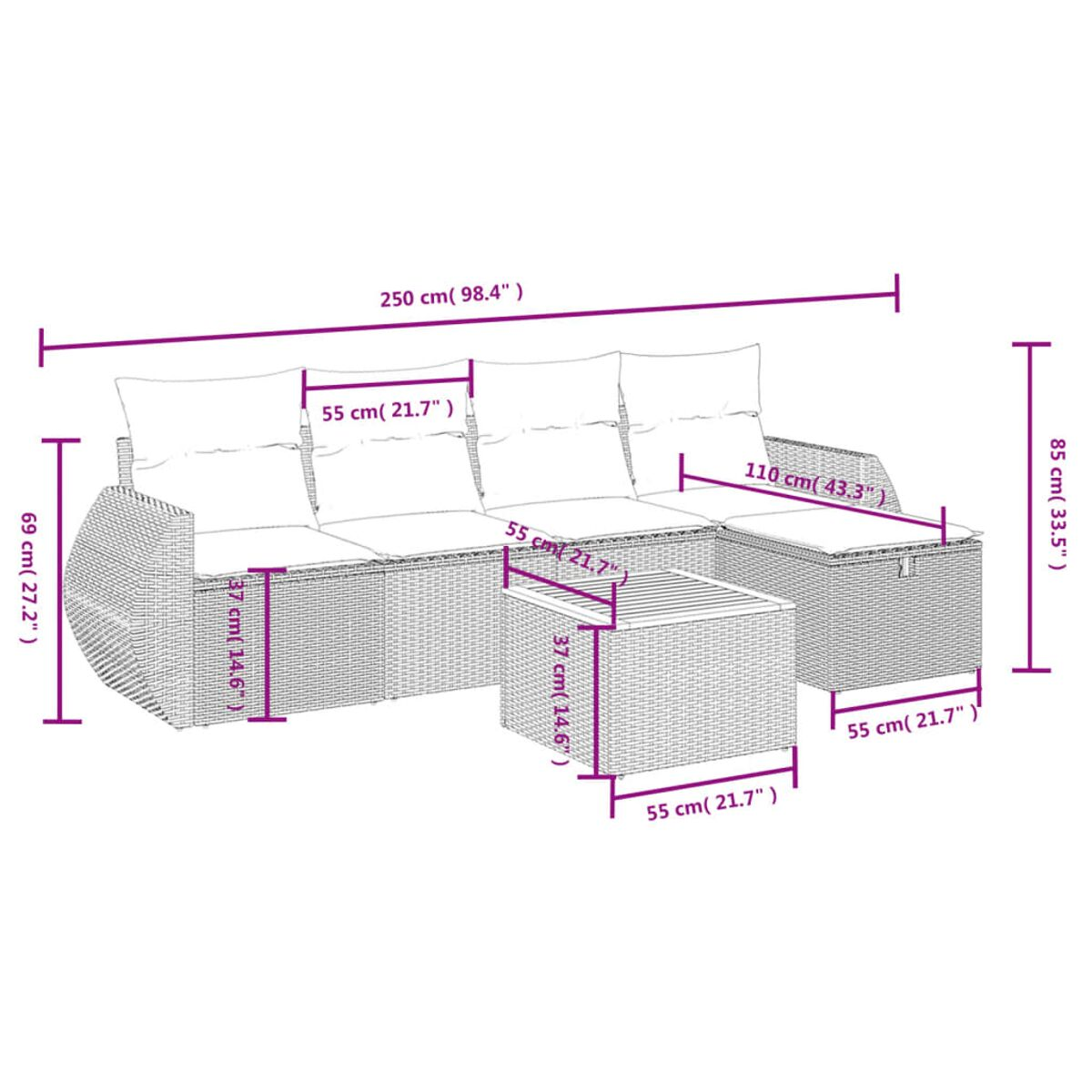 Diagramm eines geschwungenen, gewebten Outdoor-Sofas mit Abmessungen.