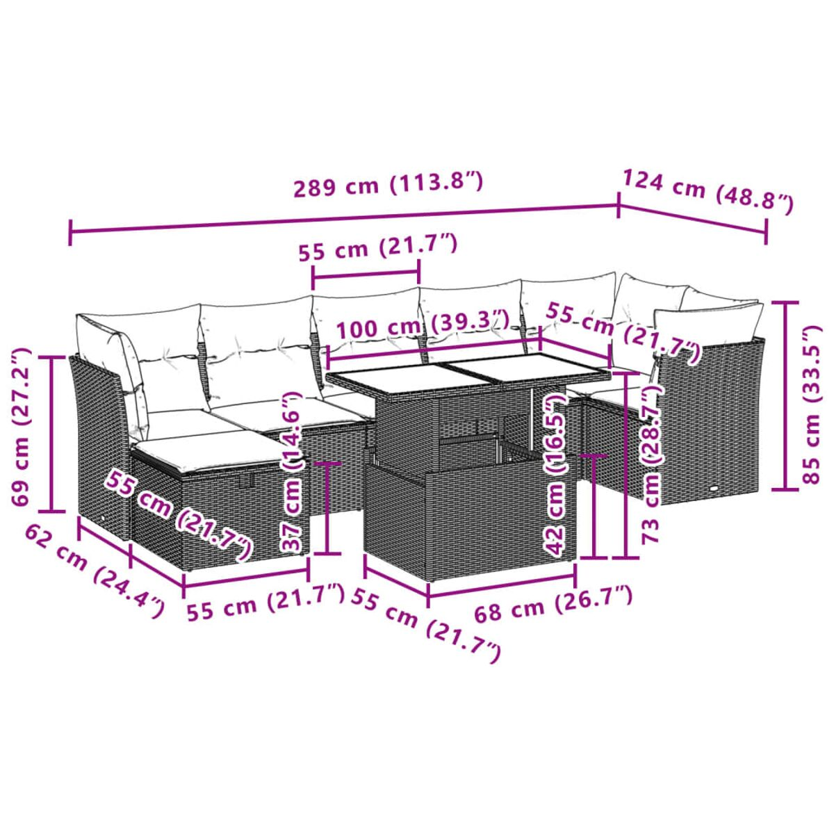 Diagramm eines Outdoor-Sitzgruppen-Sets mit Abmessungen in cm und Zoll.