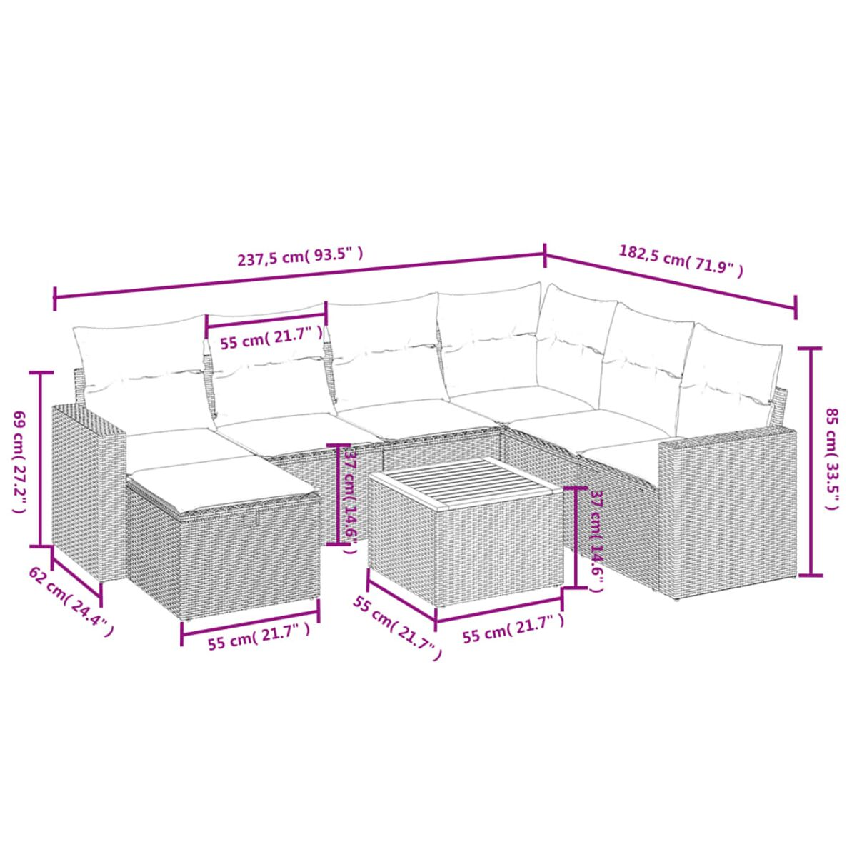 Großes Rattan-Ecksofa mit cremefarbenen Kissen und passendem quadratischem Couchtisch. Maße gezeigt.