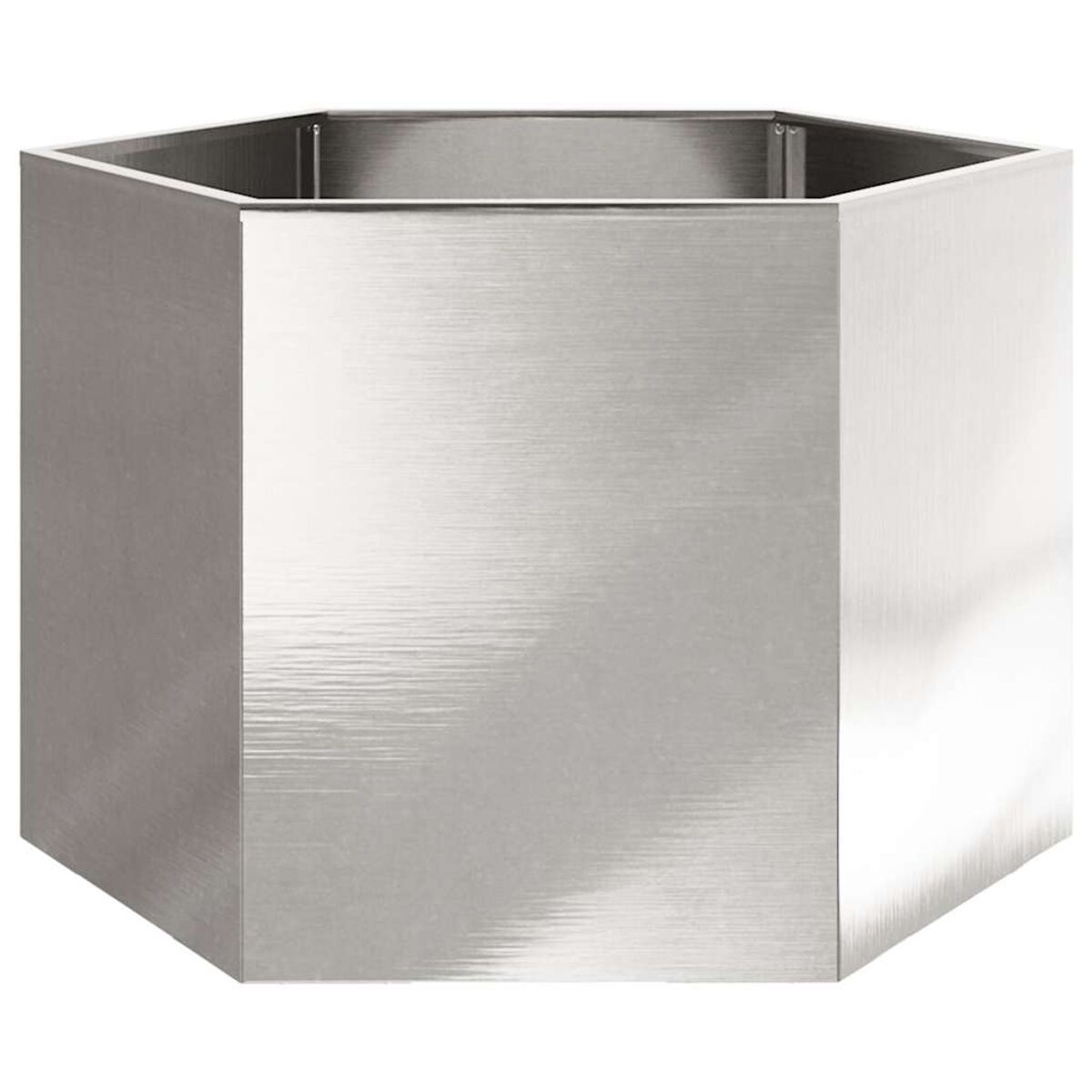 Sechseckiger Pflanzkübel aus silbernem Metall, zeigt die gebürstete Metallstruktur.