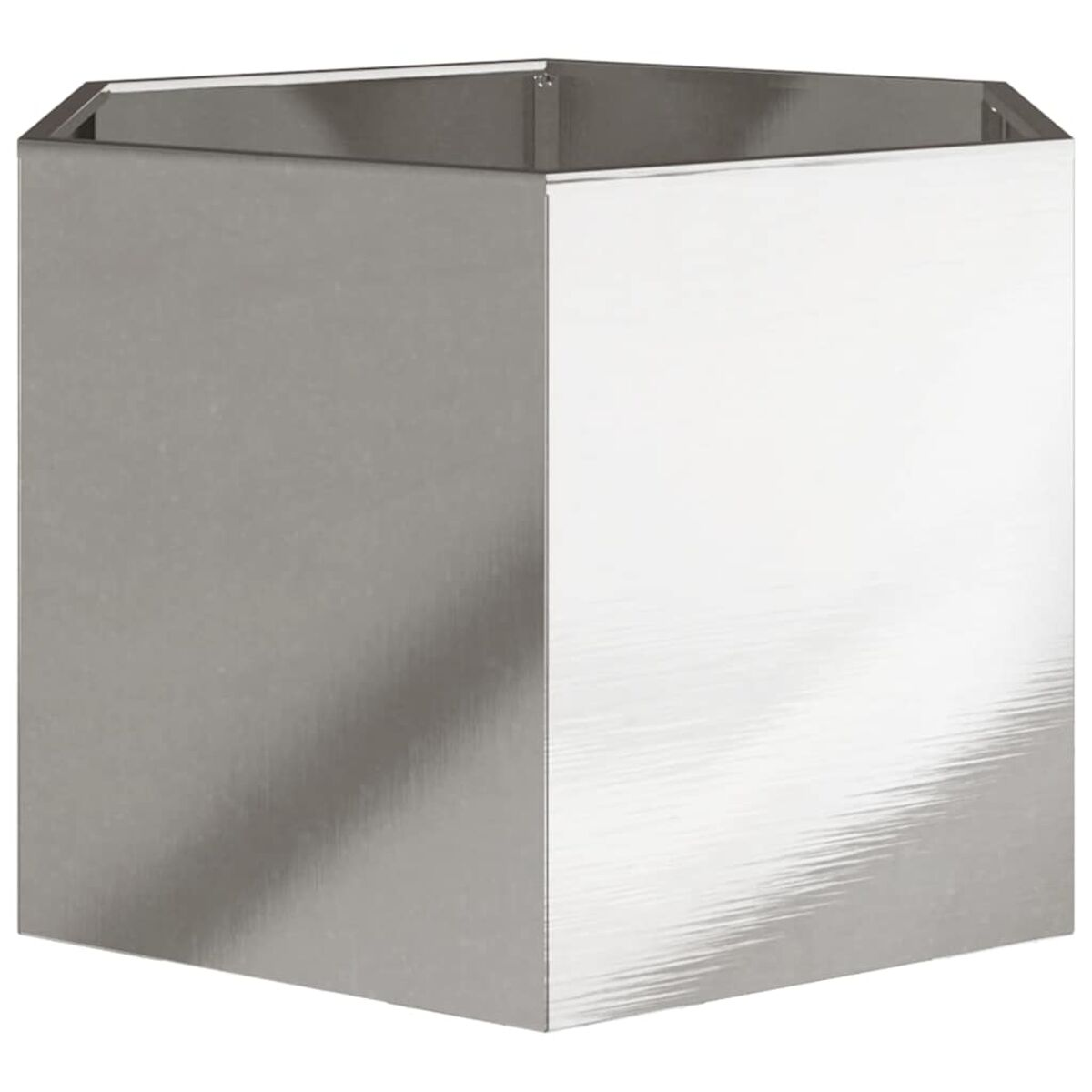 Eine metallisch silberne, rechteckige Box mit offenem Deckel, die Licht reflektiert.