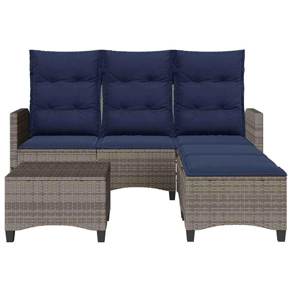 Set divano componibile in rattan con cuscini blu navy. Include un tavolino e le dimensioni sono visibili.