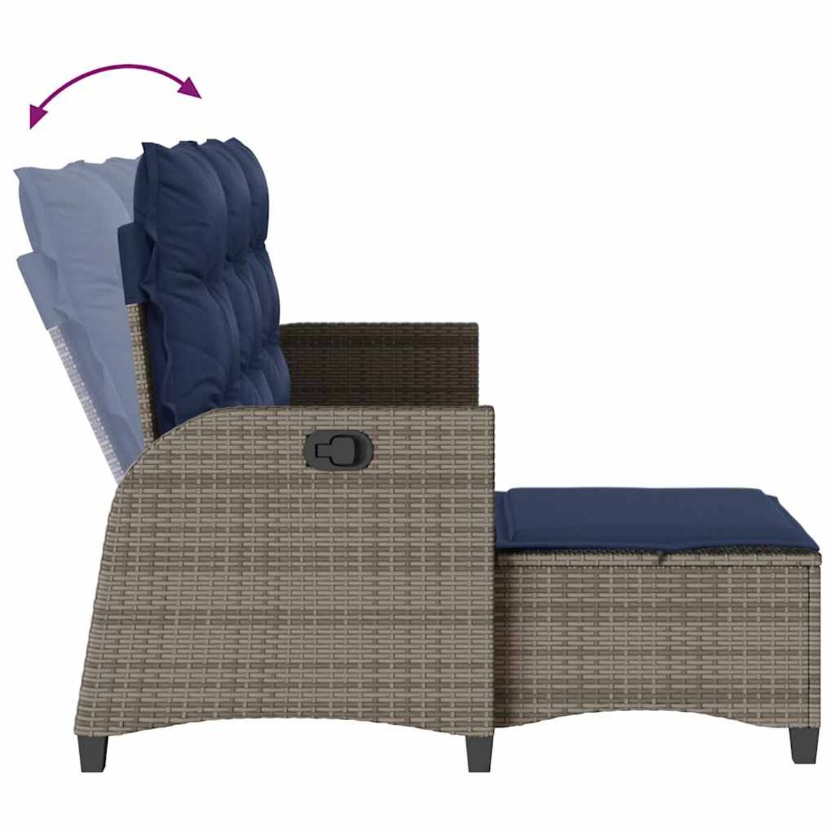 Sdraio in rattan con cuscini blu. Schienale e poggiapiedi reclinabili. Frecce indicano la regolazione.