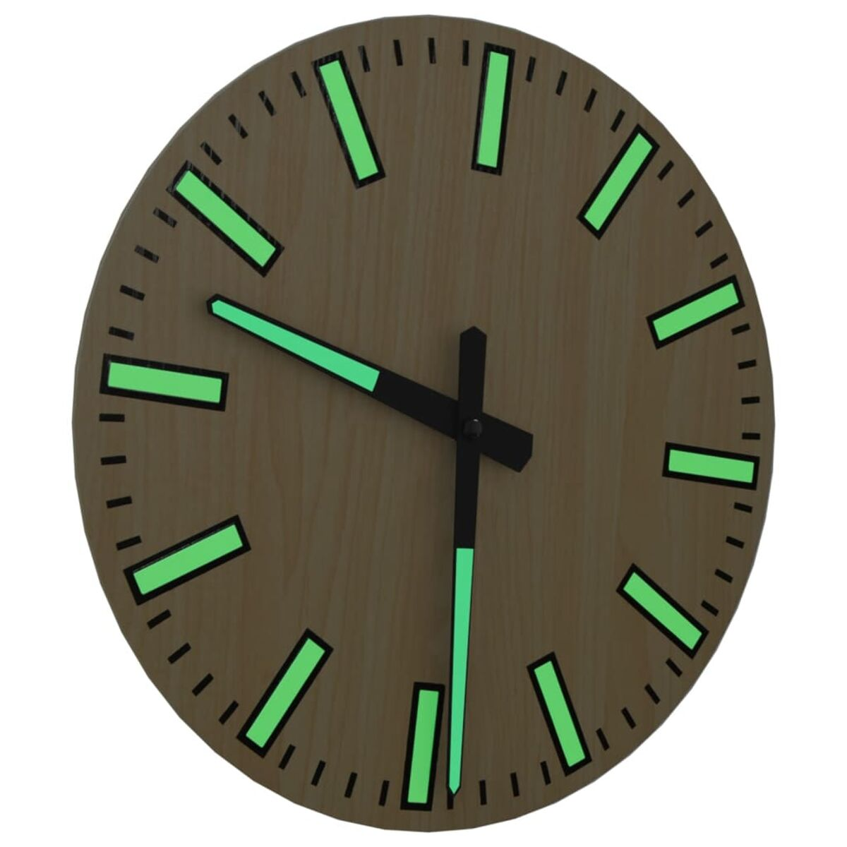 Holzuhr mit grün leuchtenden Zahlen und Zeigern. Die Uhr ist rund und hellbraun.