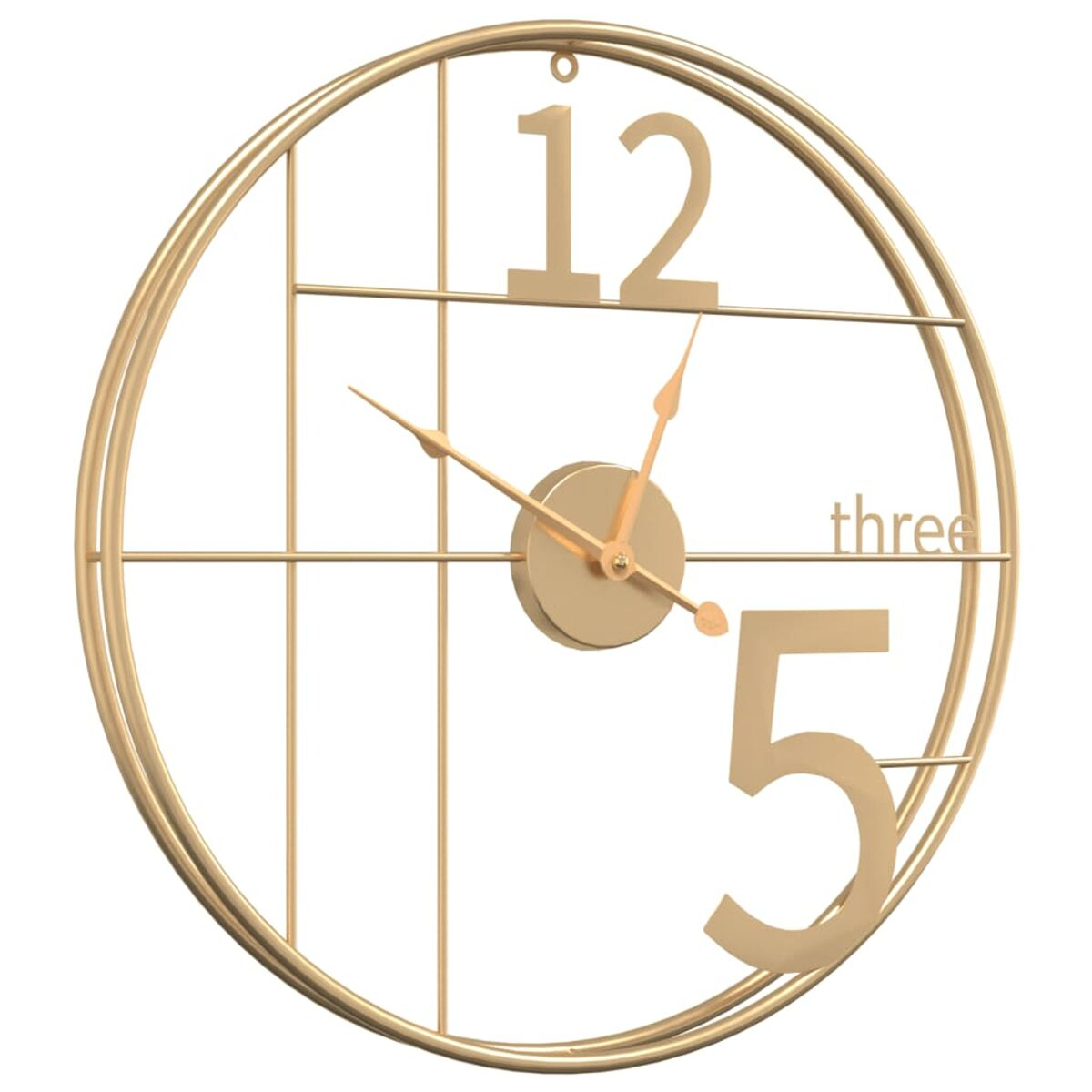Goldfarbene Wanduhr, die 10:25 anzeigt, mit schlichtem Design.