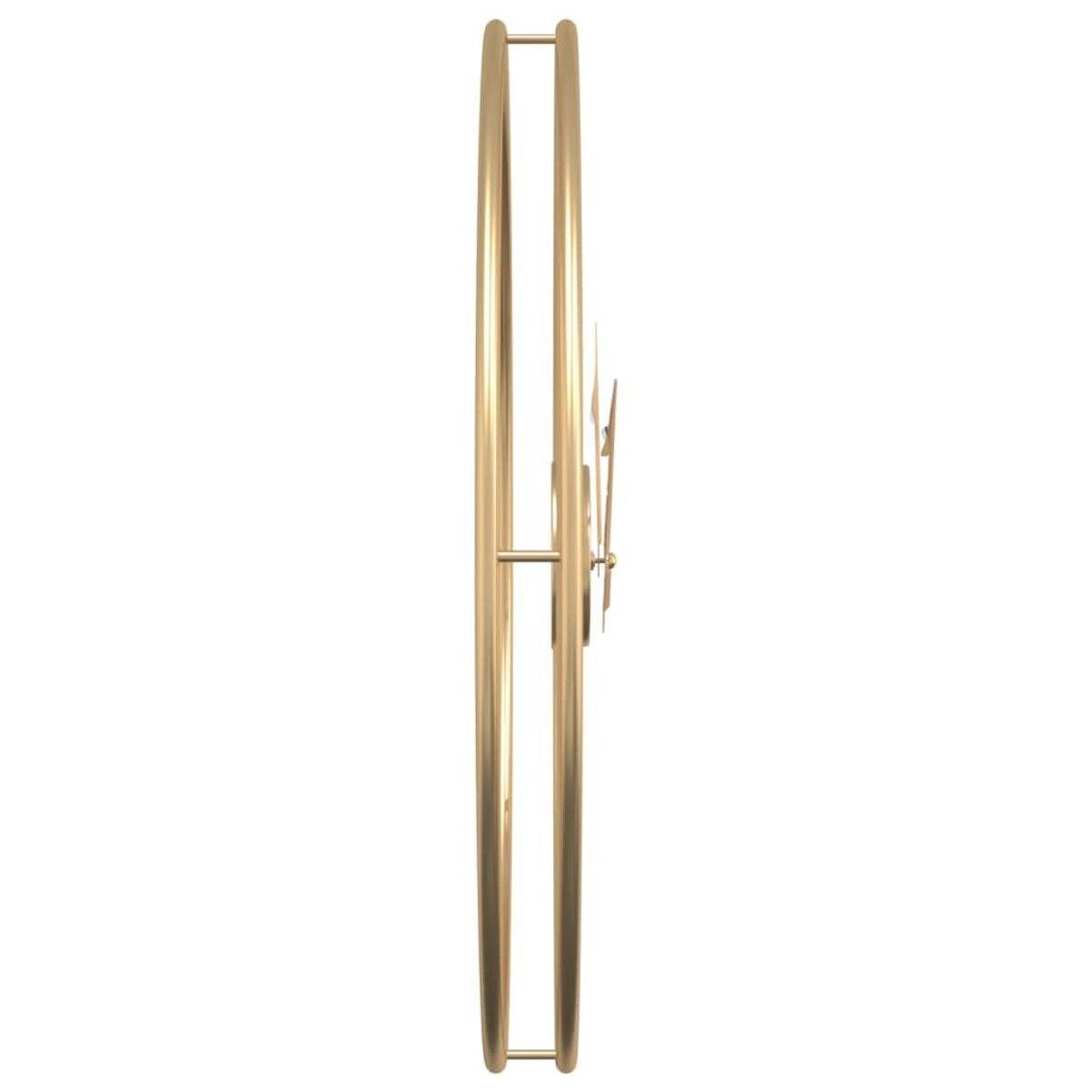 Goldfarbene, runde Wanduhr. Zwei konzentrische Ringe, Zeiger zeigen auf die Zeit. Weißer Hintergrund.