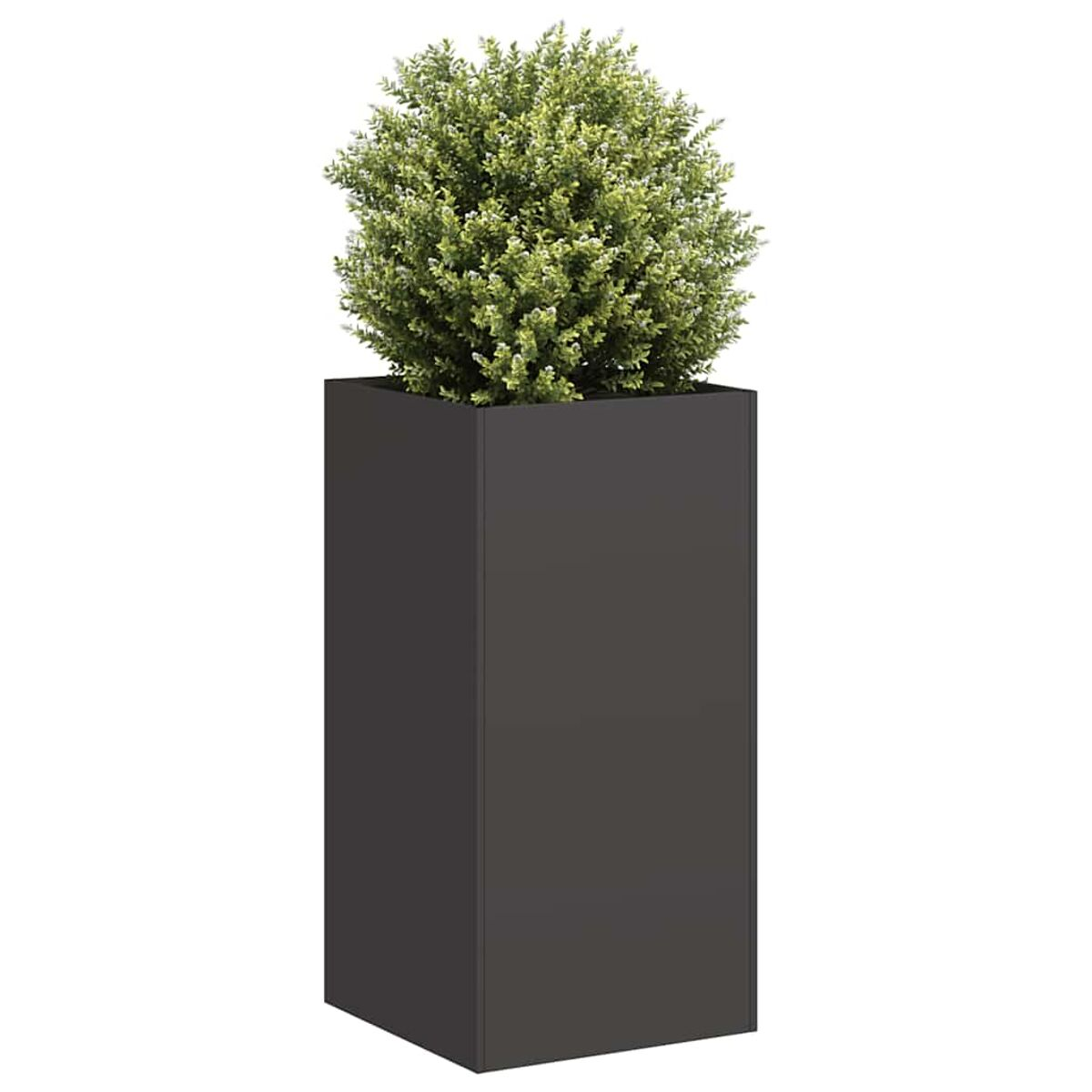 Un'alta fioriera grigio scuro con una pianta verde. La fioriera ha una forma quadrata.