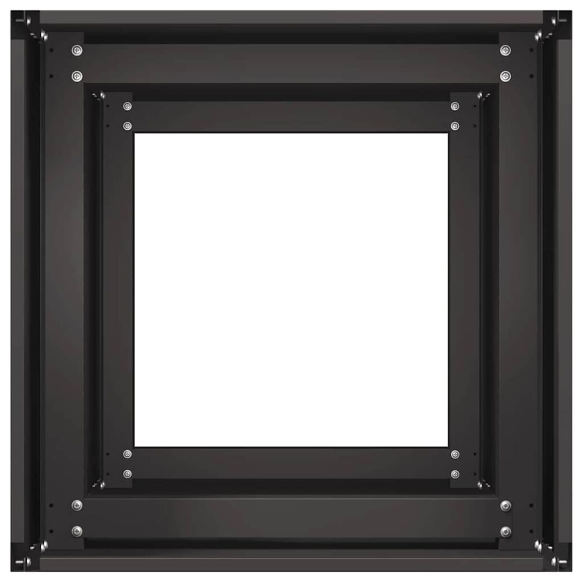 Cornice quadrata nera, con un vuoto quadrato al centro. Viti visibili.