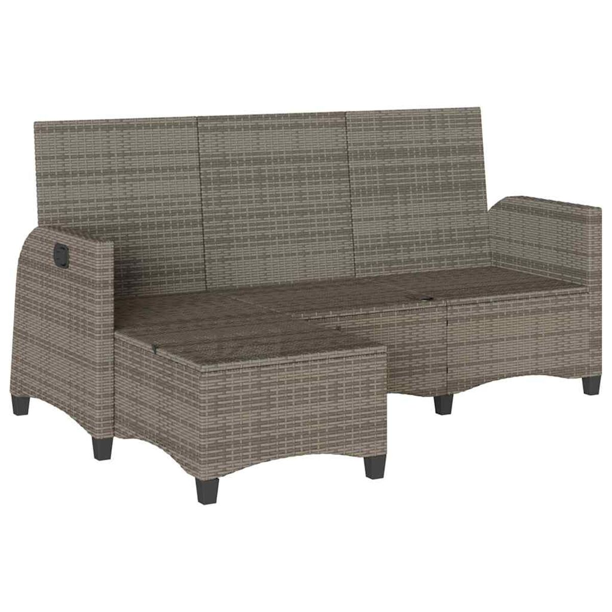 Graues Rattan-Sofa mit Stauraum, mit separater Fußstütze.