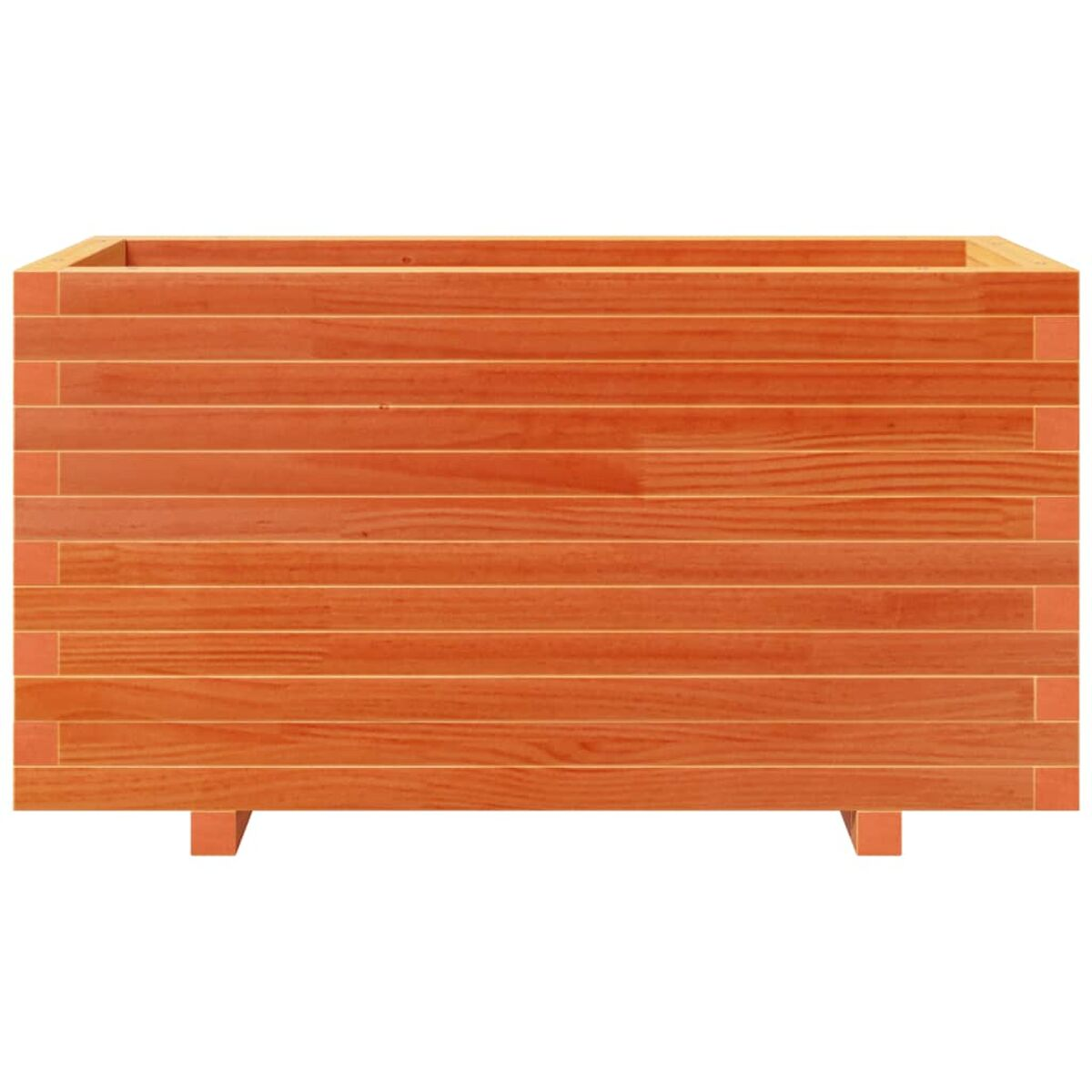Rechteckige Pflanzkasten aus Holz. Er besteht aus orangebraunen Brettern mit kleinen Füßen.