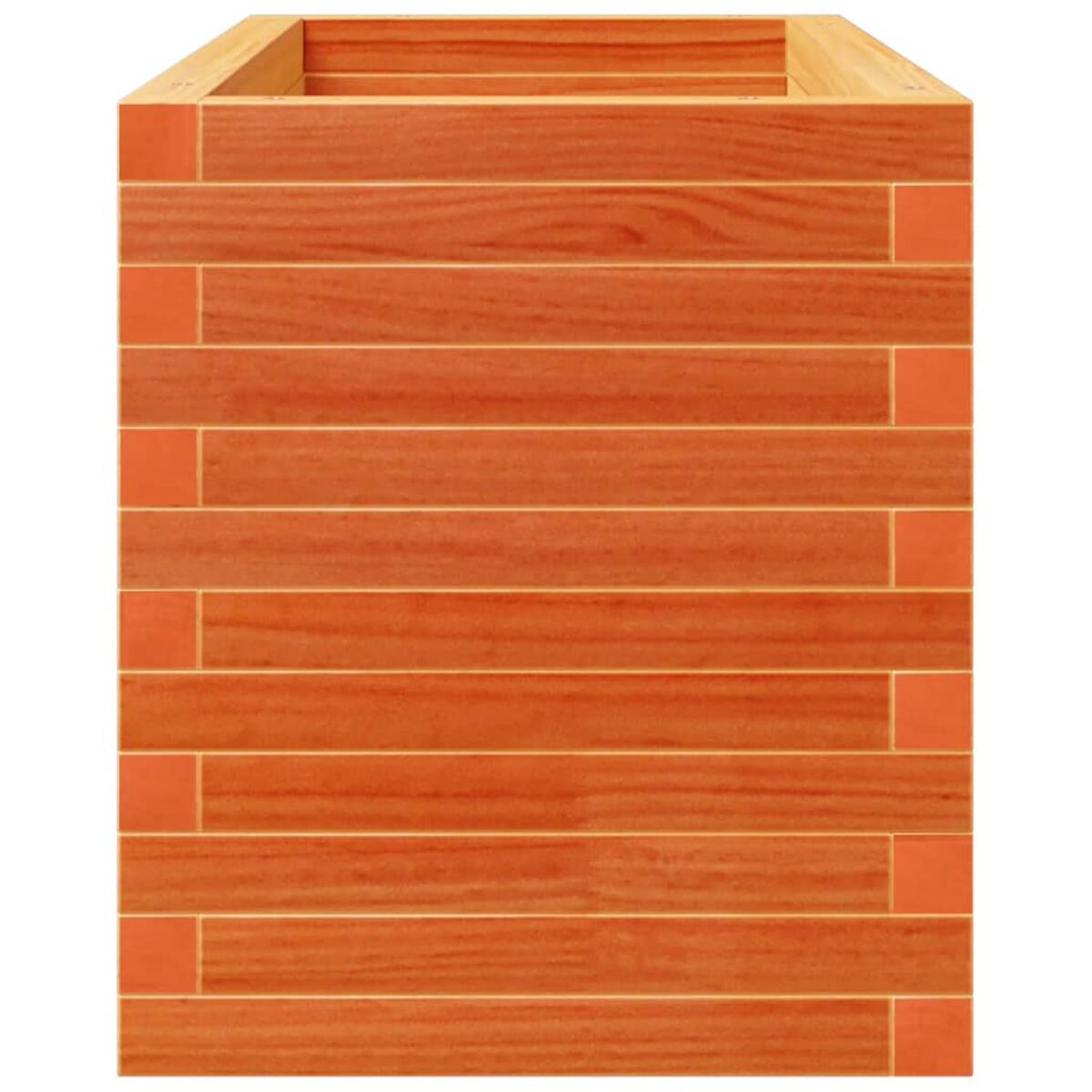 Pflanzkasten aus Holz, orange-braune Farbe, aus Brettern gefertigt.