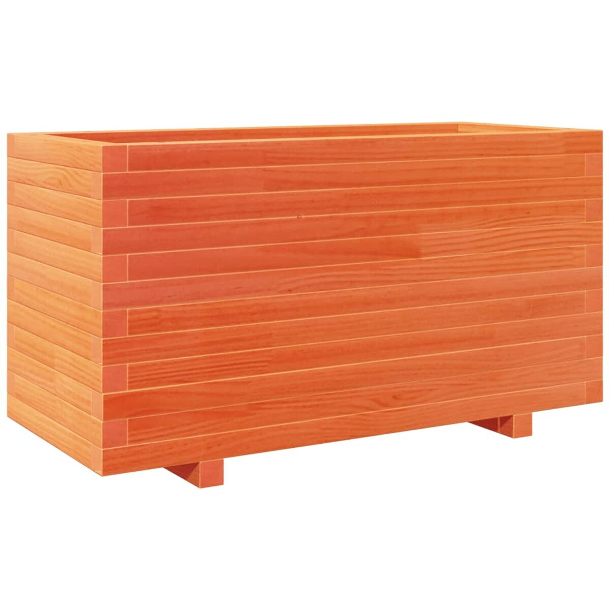 Ein orangefarbener rechteckiger Pflanzkübel aus Holzbrettern auf weißem Hintergrund.