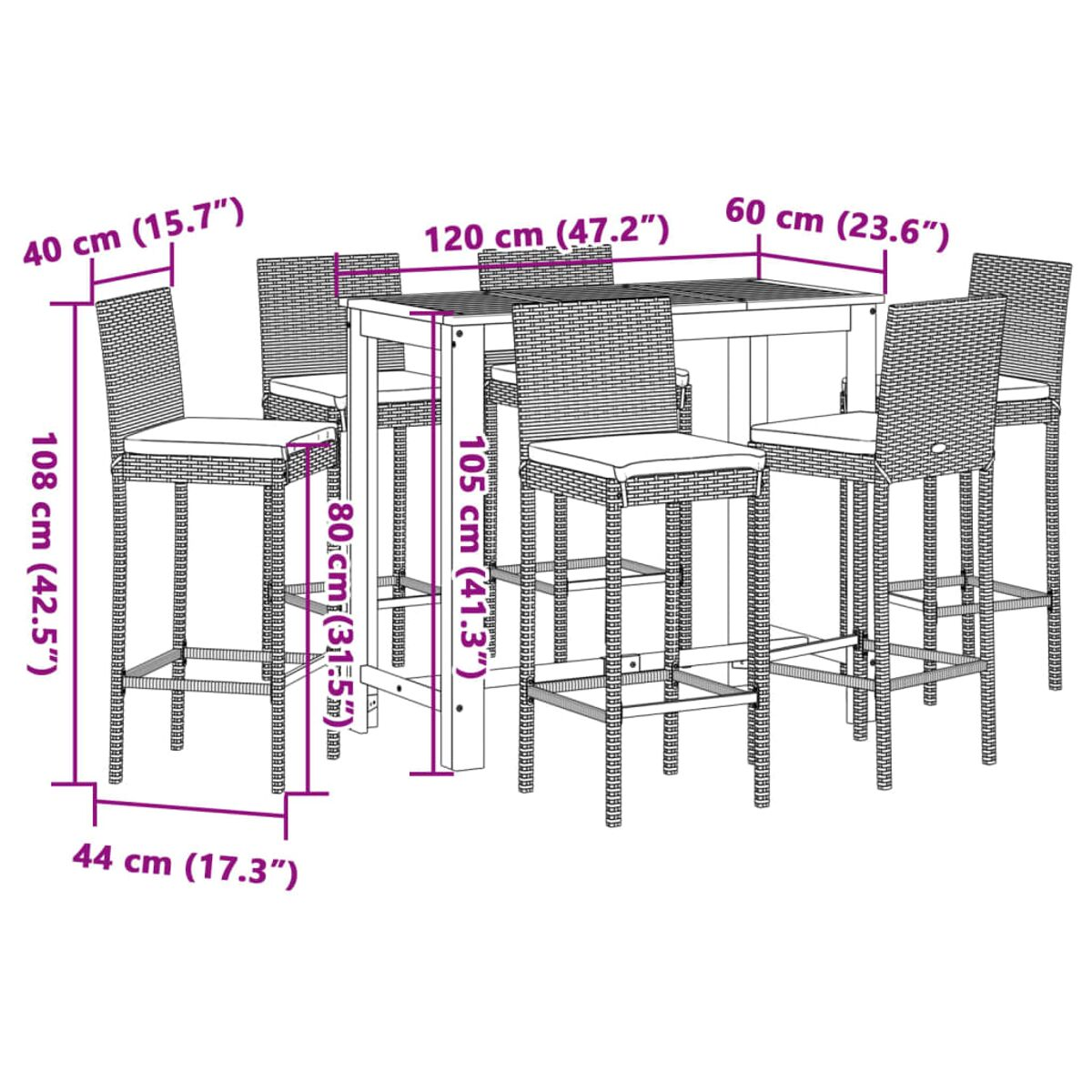 Ein weißes Outdoor-Bar-Set mit Tisch und sechs Stühlen. Abmessungen sind angegeben.