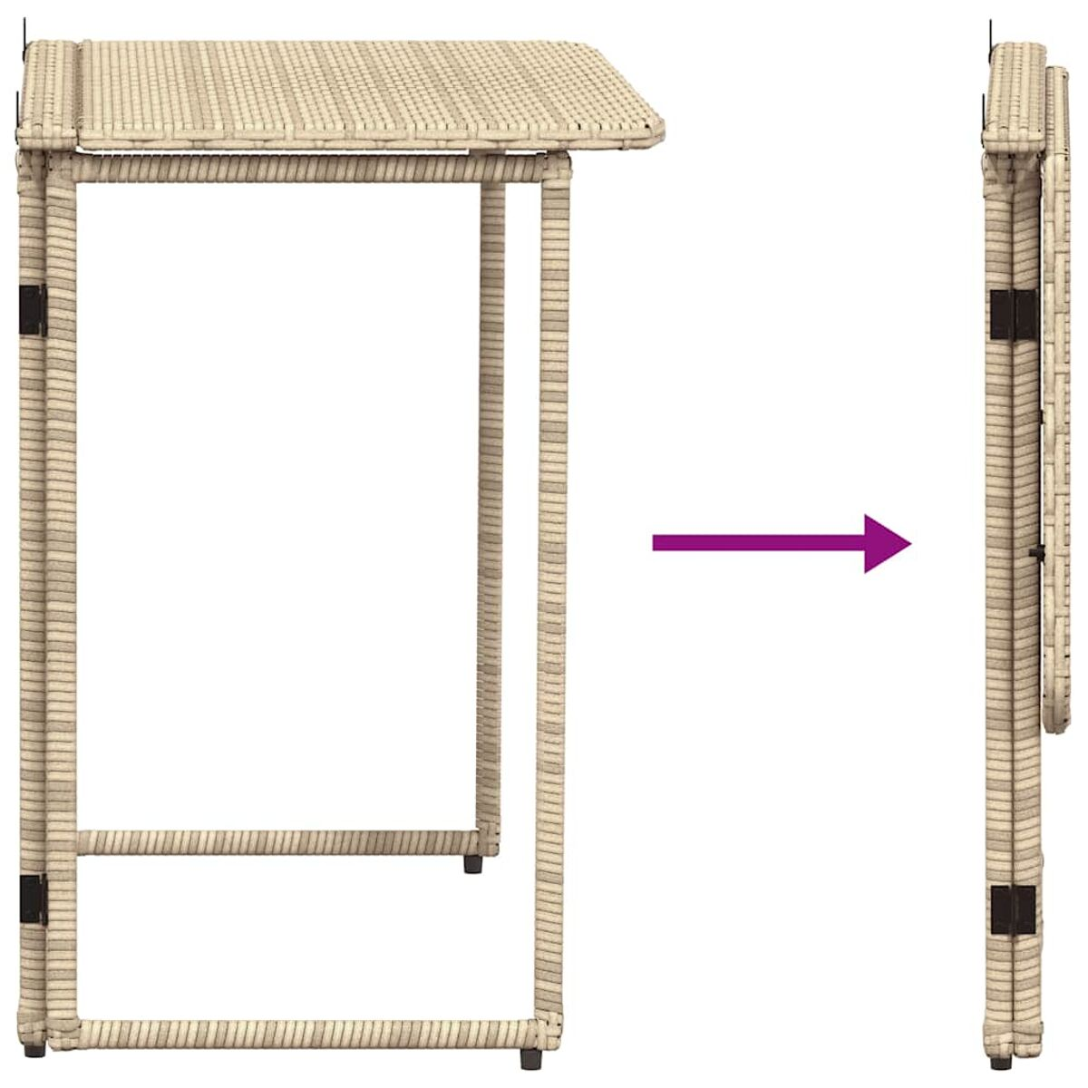 Una mesa tejida, plegable. Una flecha muestra su plegado.