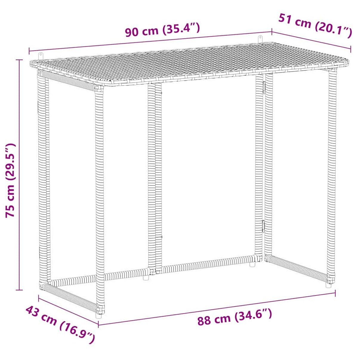 Una mesa de mimbre con dimensiones. La mesa tiene una tapa rectangular y cuatro patas.