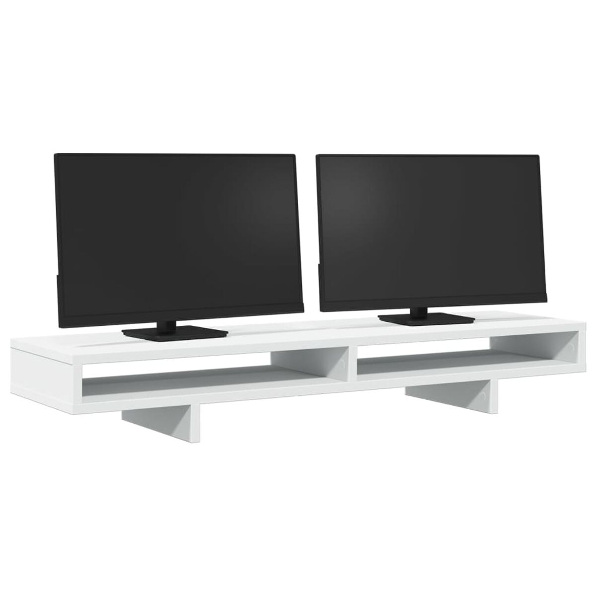 Ein weißer Monitorständer mit zwei schwarzen Monitoren. Der Ständer hat zwei Ebenen.
