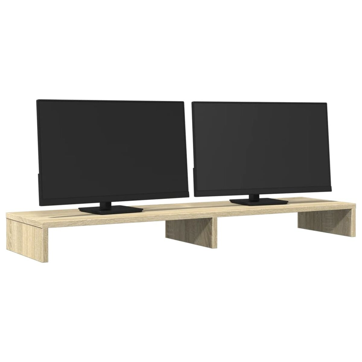 Heller Holzmonitorständer mit zwei schwarzen Monitoren auf weißem Hintergrund.