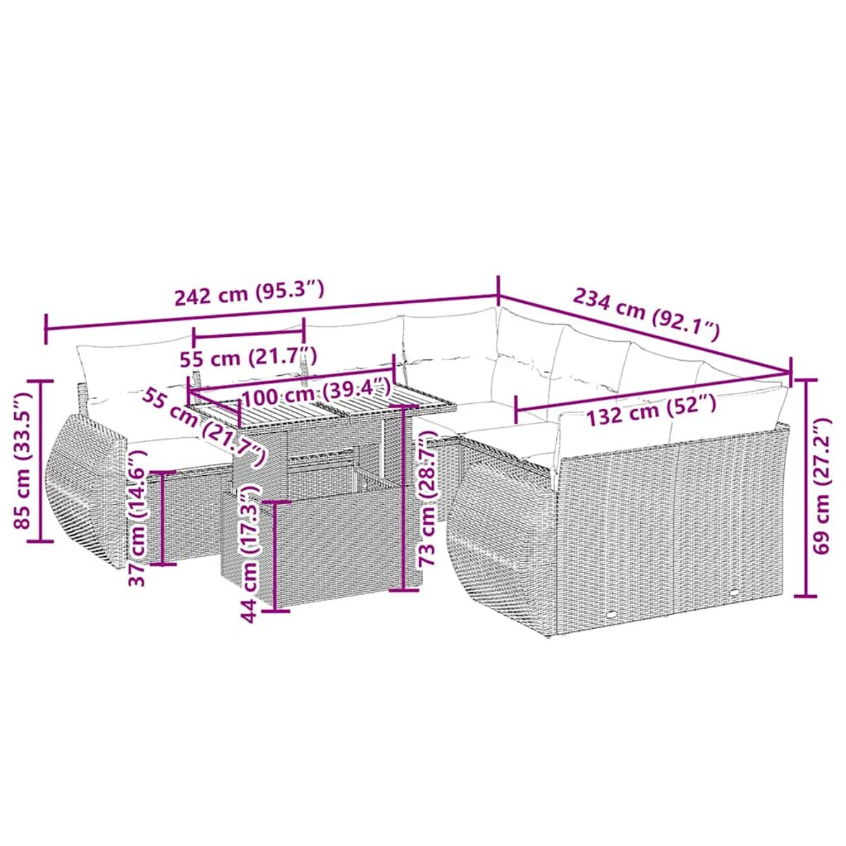 Un set di divani componibili in vimini da esterno con dimensioni etichettate. Include un tavolo e un pouf.