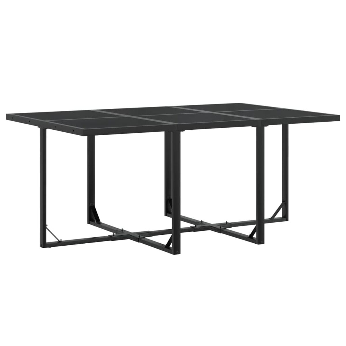 Schwarz gerahmter Tisch mit schwarzer Glasplatte und schwarzen Beinen. Weißer Hintergrund.