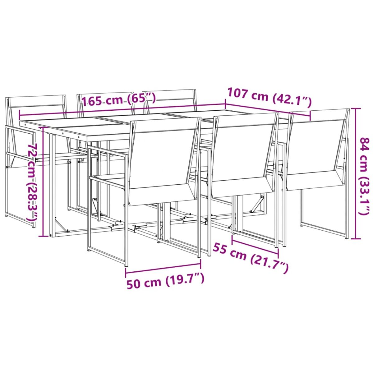 Ein weiß umrandetes Diagramm eines Esszimmers im Freien. Die Abmessungen von Tisch und Stühlen sind beschriftet.