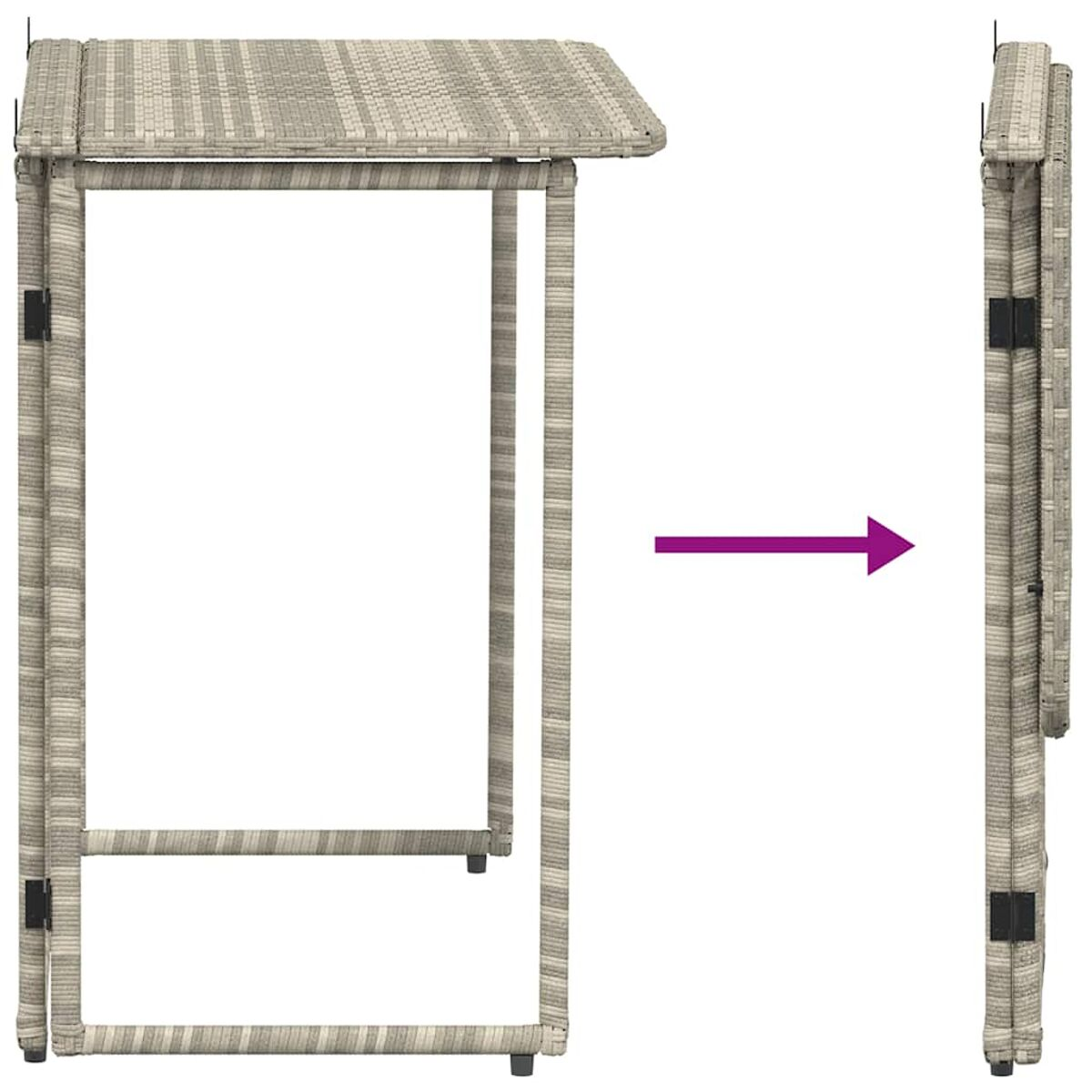 Klappbarer Beistelltisch aus Rattan, offen und zusammengeklappt, mit Pfeil nach rechts.