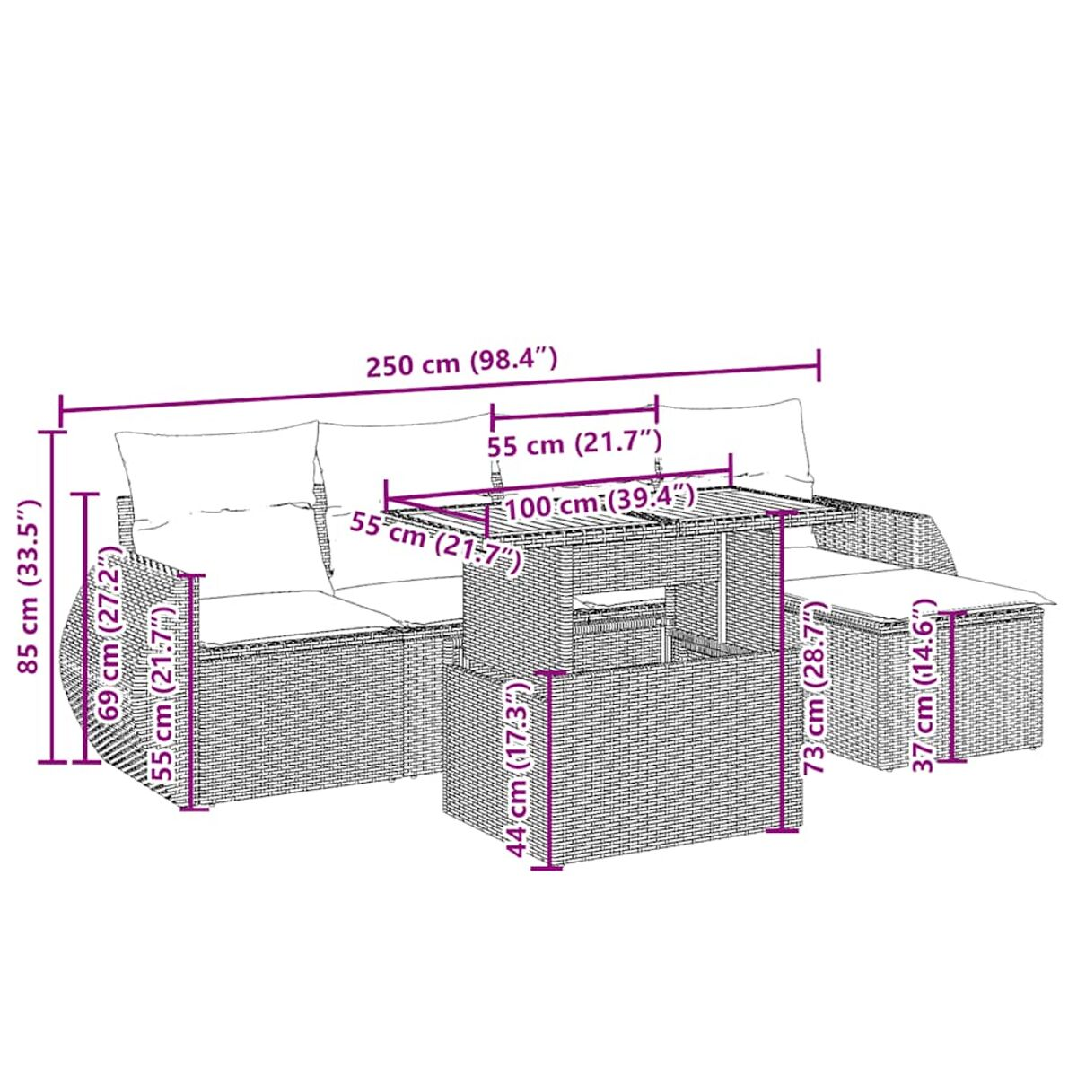 Un set di sedute da esterno in stile vimini con divano e tavolo, con etichette delle dimensioni.