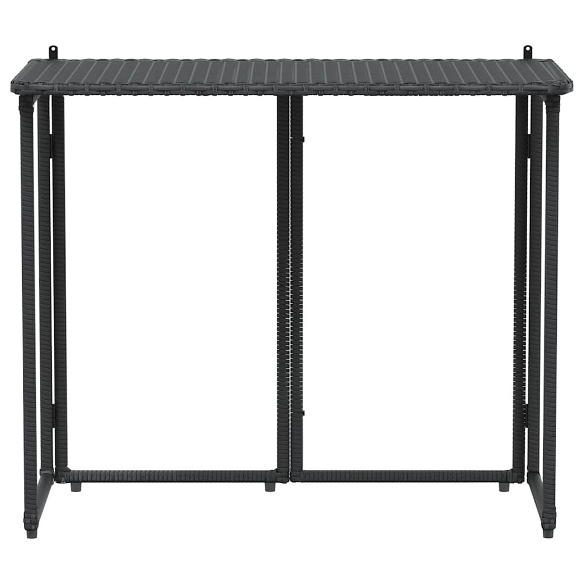 Consola de metal negro. Dos secciones abiertas. Fondo blanco.