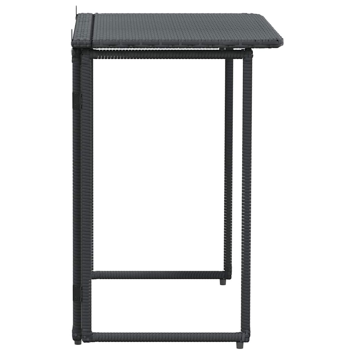 Mesa rectangular de mimbre gris oscuro con una parte superior plegada, sobre un fondo blanco.